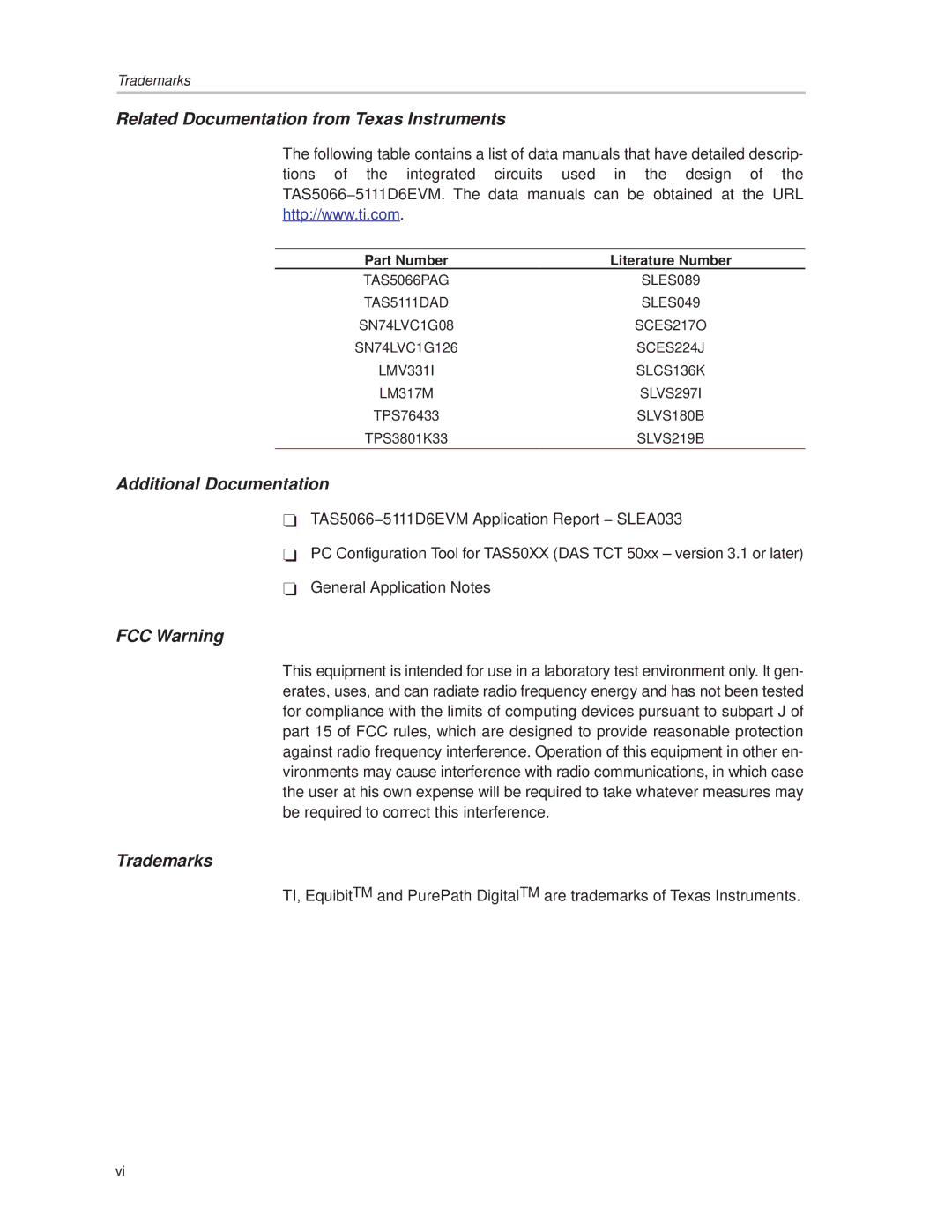 Texas Instruments TAS5066PAG manual Related Documentation from Texas Instruments, Part Number Literature Number 