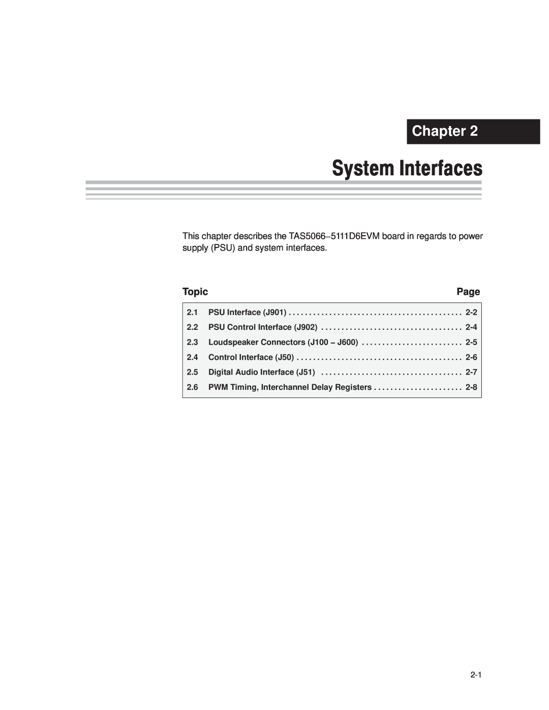 Texas Instruments TAS5066PAG manual System Interfaces, Chapter, Page, Topic 