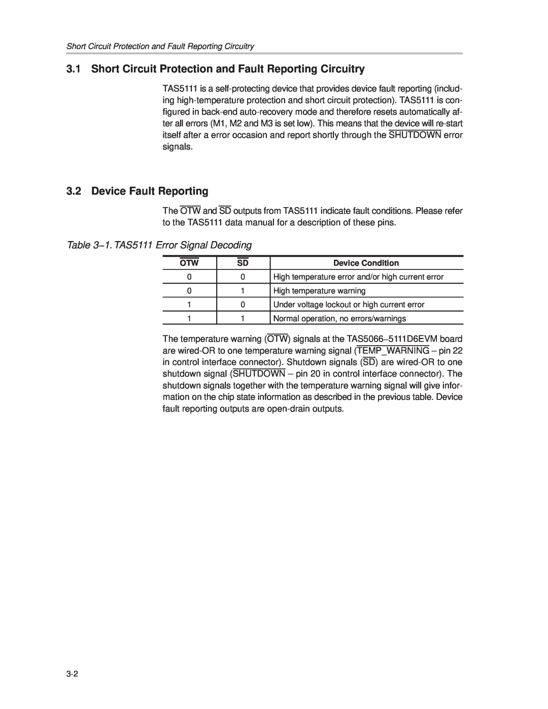 Texas Instruments TAS5066PAG manual Device Fault Reporting, 1. TAS5111 Error Signal Decoding 