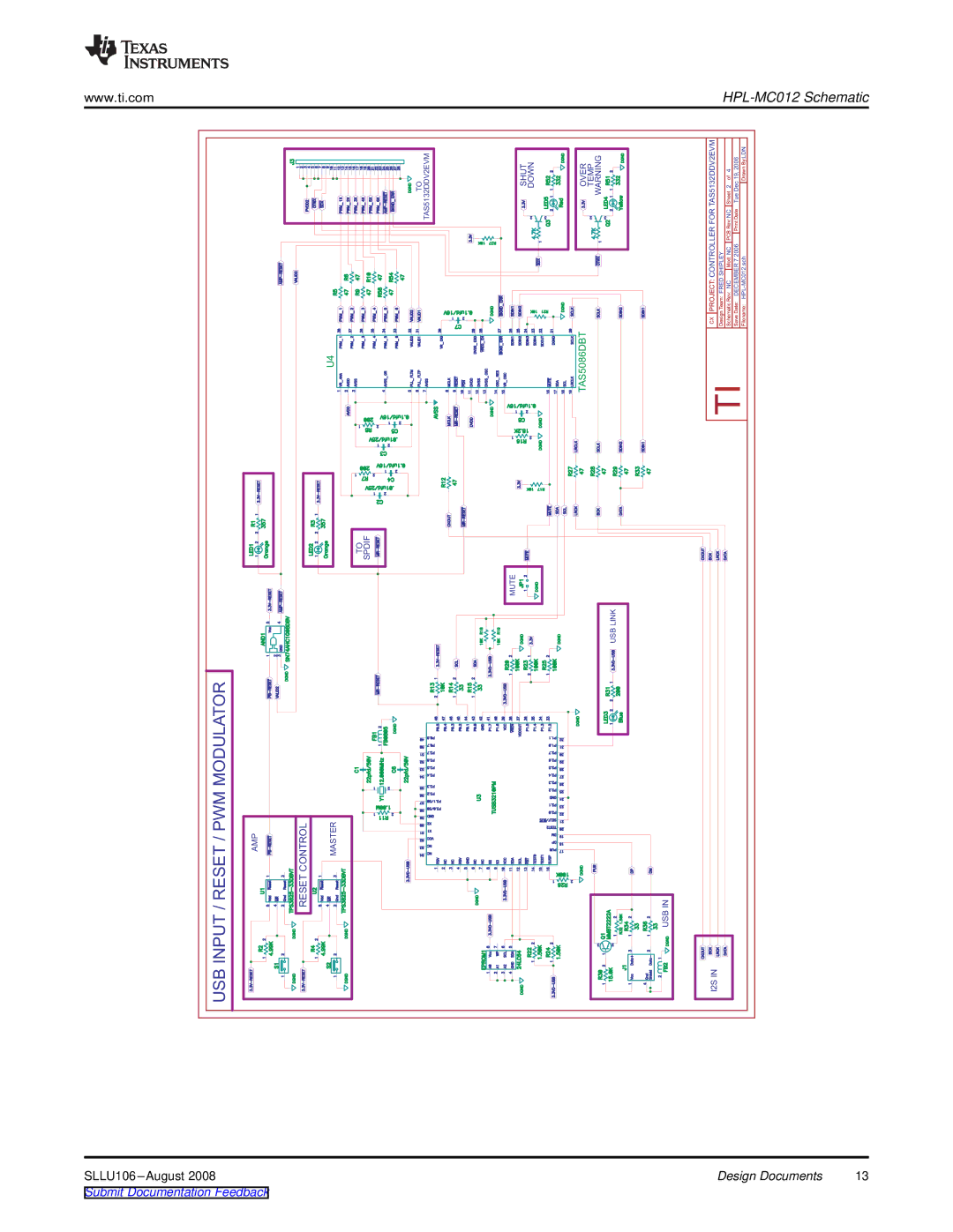 Texas Instruments TAS5103EVM, TAS5102EVM manual Usbinput/Reset/Pwmmodulator 