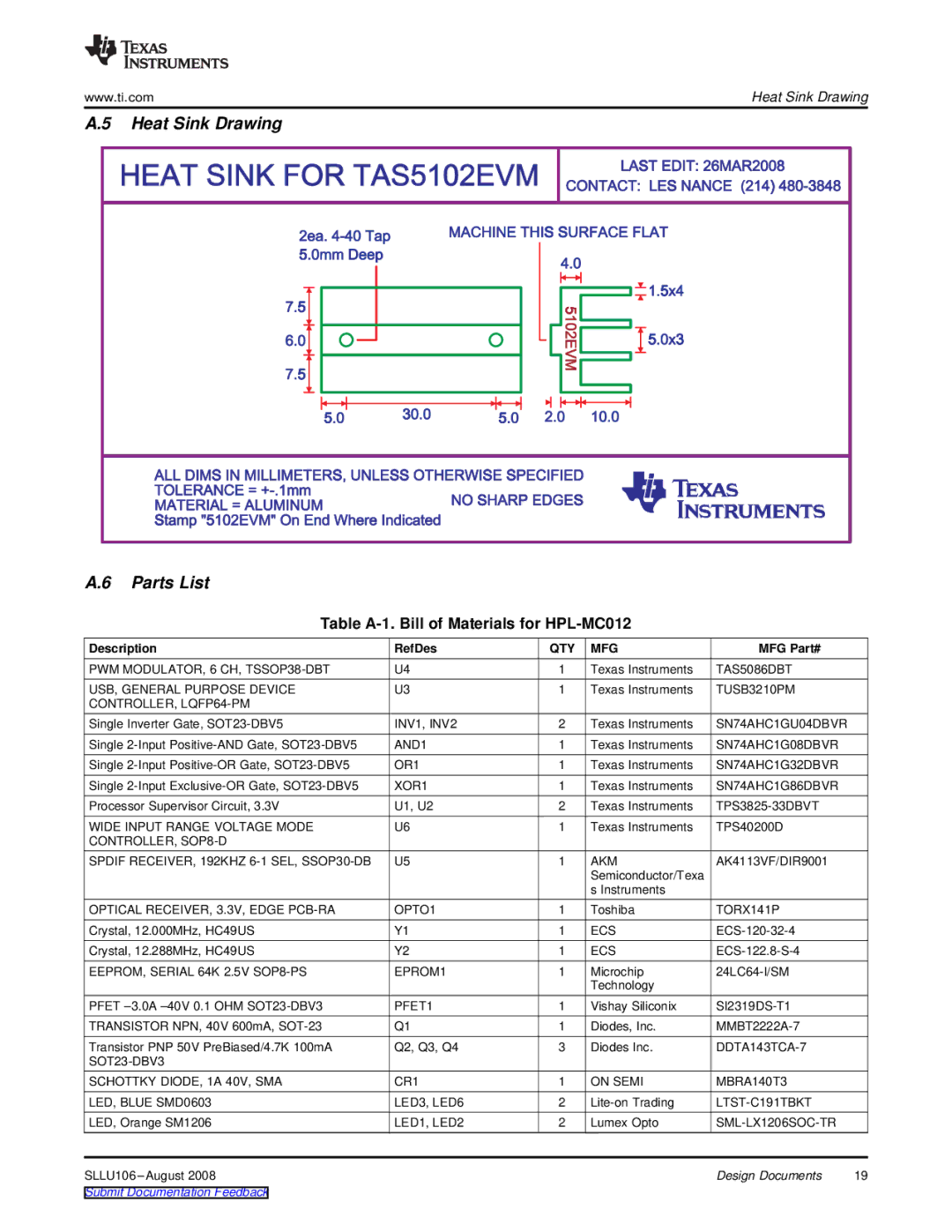 Texas Instruments TAS5102EVM Heat Sink Drawing Parts List, Table A-1. Bill of Materials for HPL-MC012, Description RefDes 