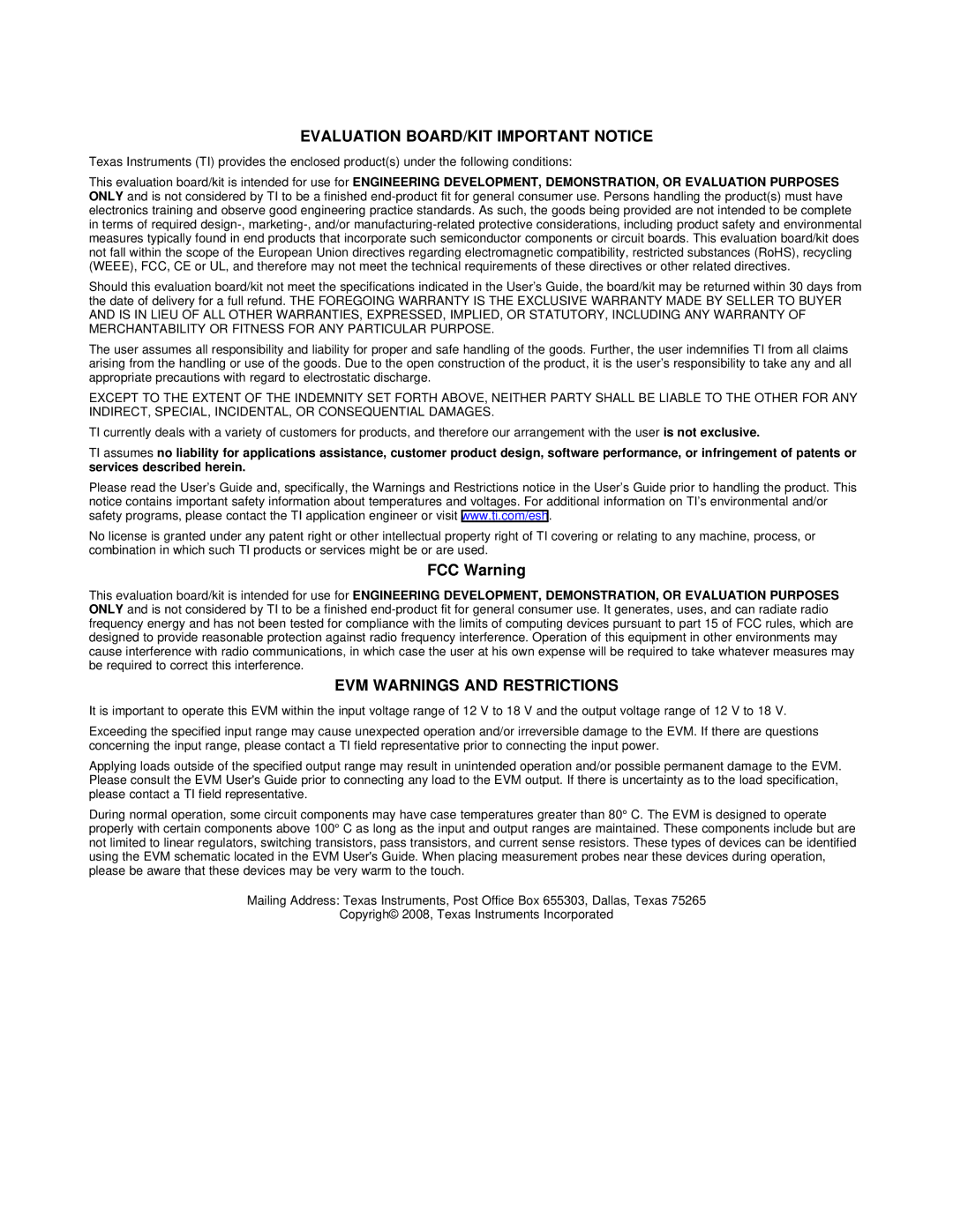 Texas Instruments TAS5103EVM, TAS5102EVM manual Evaluation BOARD/KIT Important Notice, FCC Warning 