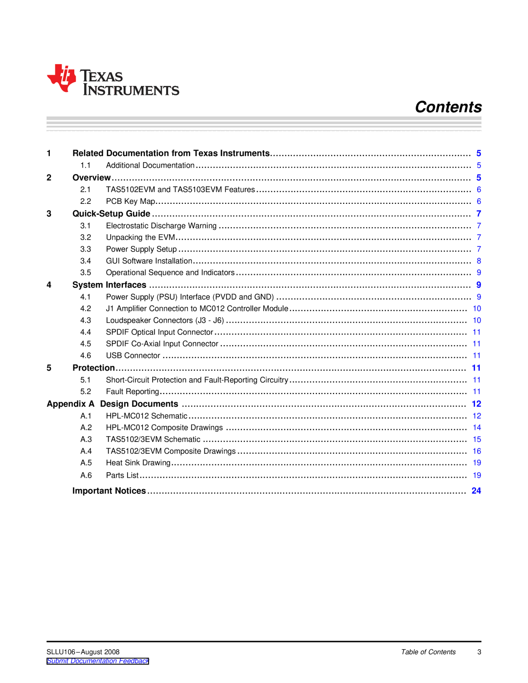 Texas Instruments TAS5102EVM, TAS5103EVM manual Contents 