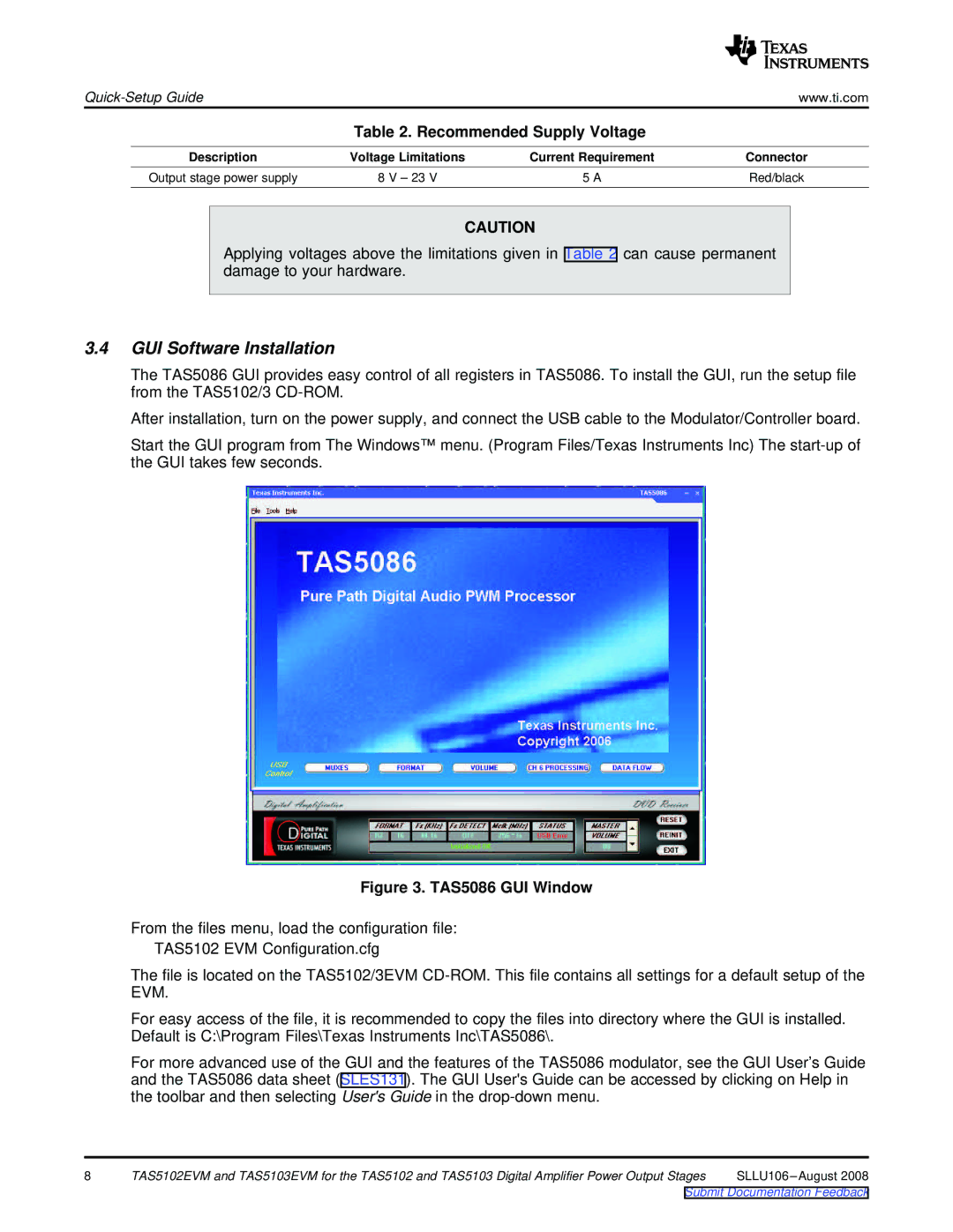 Texas Instruments TAS5103EVM, TAS5102EVM manual GUI Software Installation, Recommended Supply Voltage, Red/black 