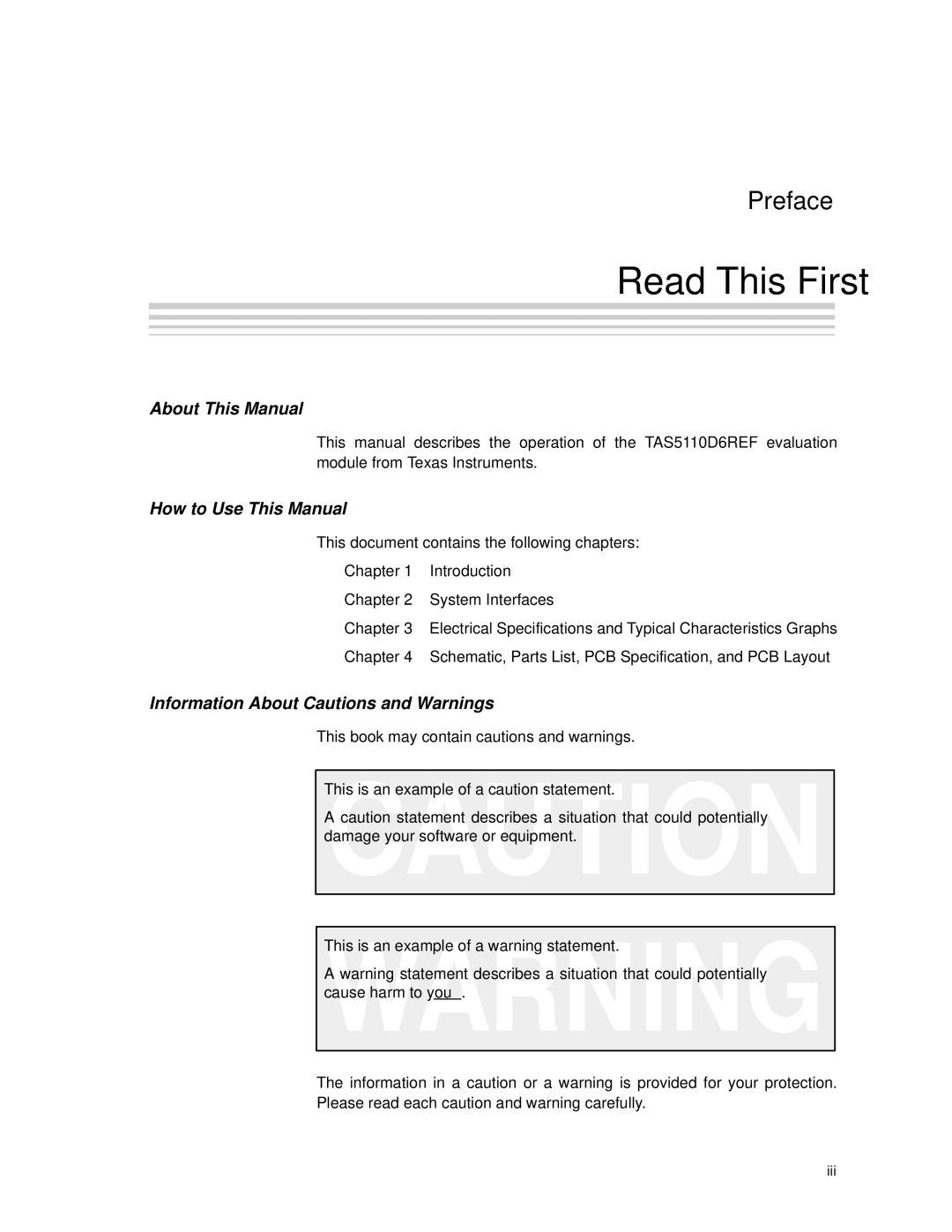 Texas Instruments TAS5110D6REF manual Read This First 