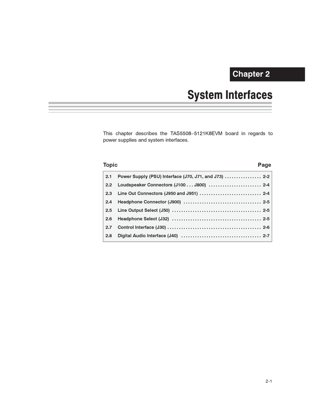 Texas Instruments TAS5121, TAS5508-5121K8EVM manual System Interfaces 