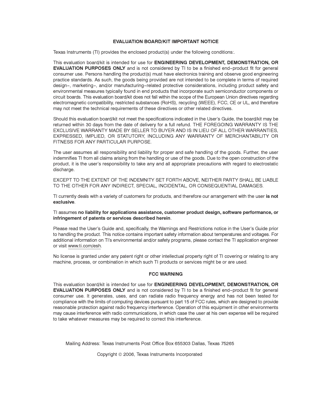 Texas Instruments TAS5121, TAS5508-5121K8EVM manual Evaluation BOARD/KIT Important Notice, FCC Warning 