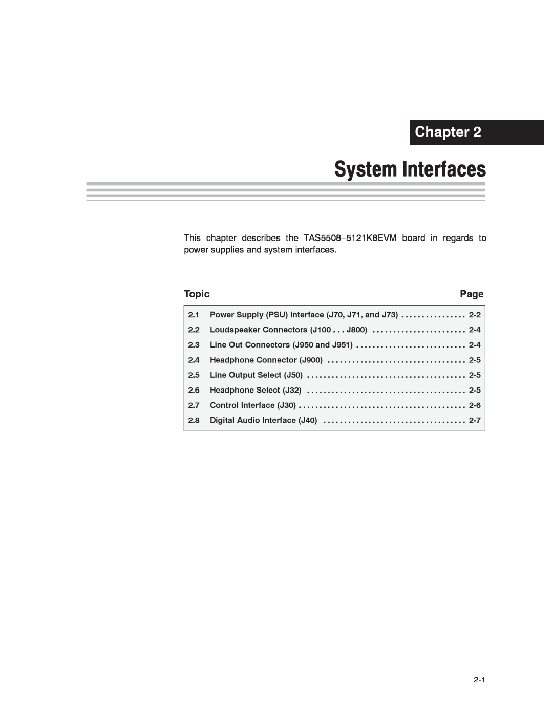 Texas Instruments TAS5121 System Interfaces, Chapter, Page, Topic, Power Supply PSU Interface J70, J71, and J73, J800 