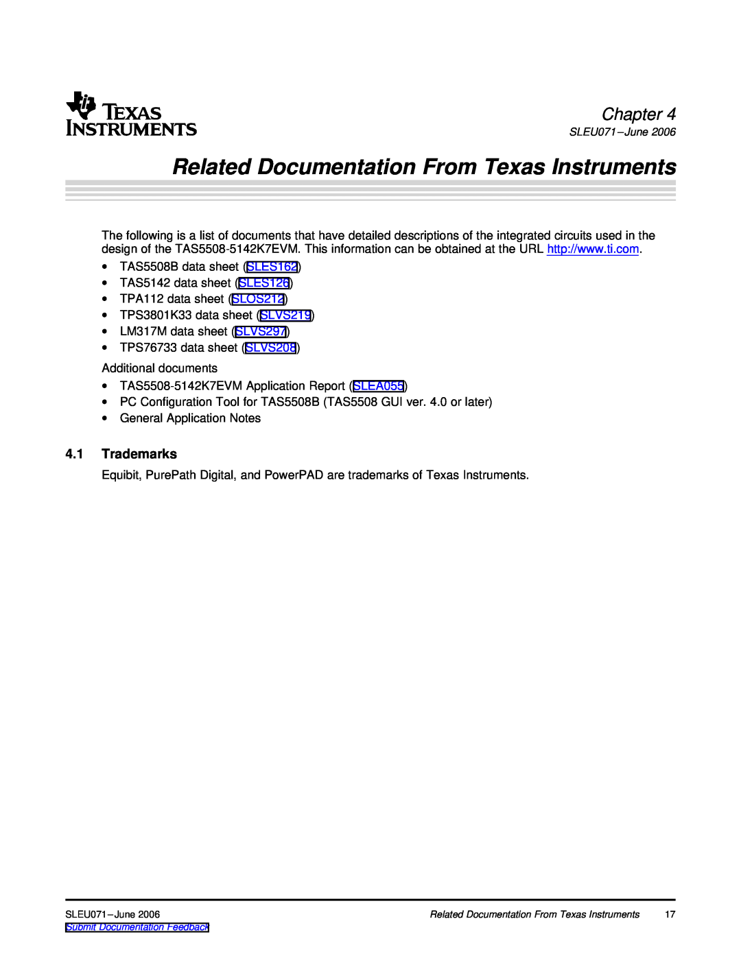 Texas Instruments TAS5508-5142K7EVM manual Related Documentation From Texas Instruments, Chapter, 4.1Trademarks 