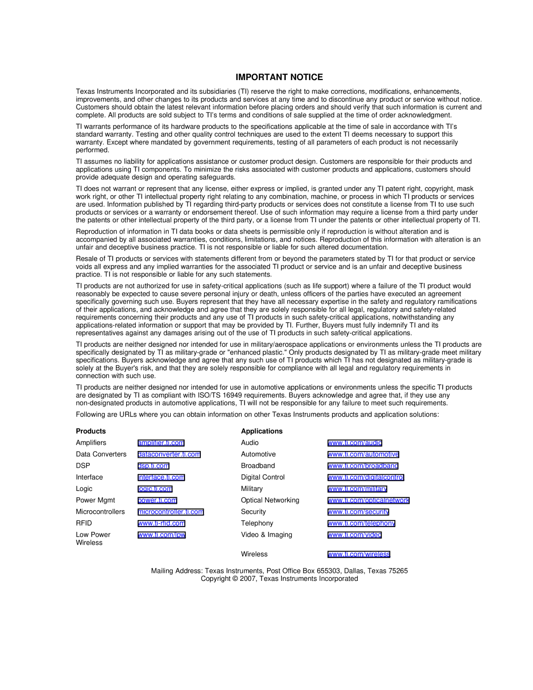 Texas Instruments TAS5518 manual Important Notice 