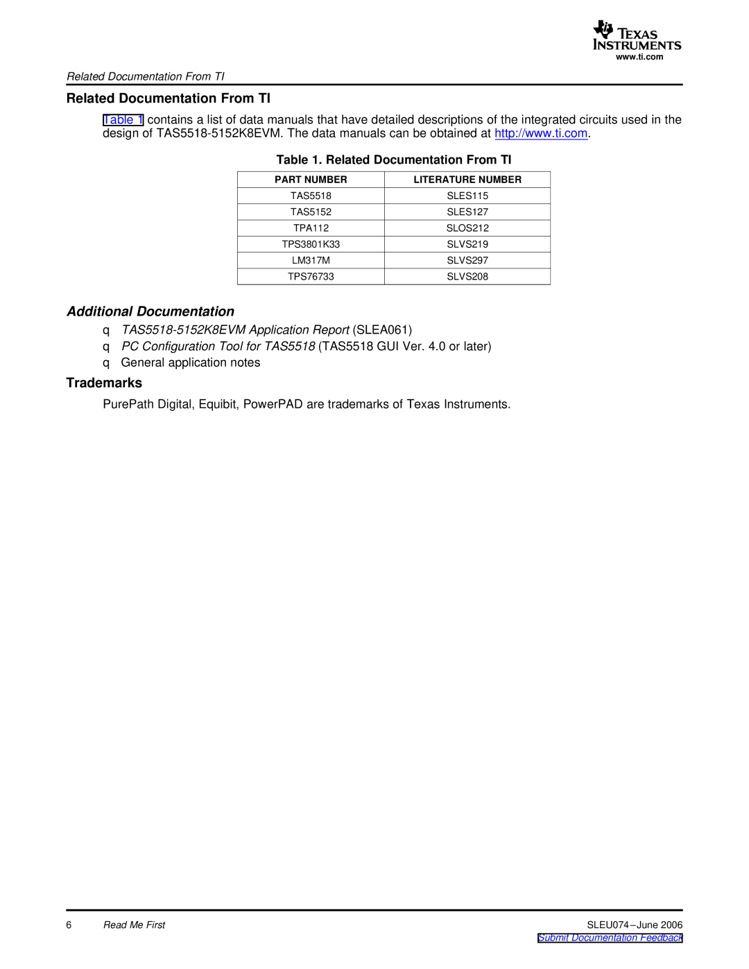 Texas Instruments TAS5518 manual Related Documentation From TI, Trademarks 