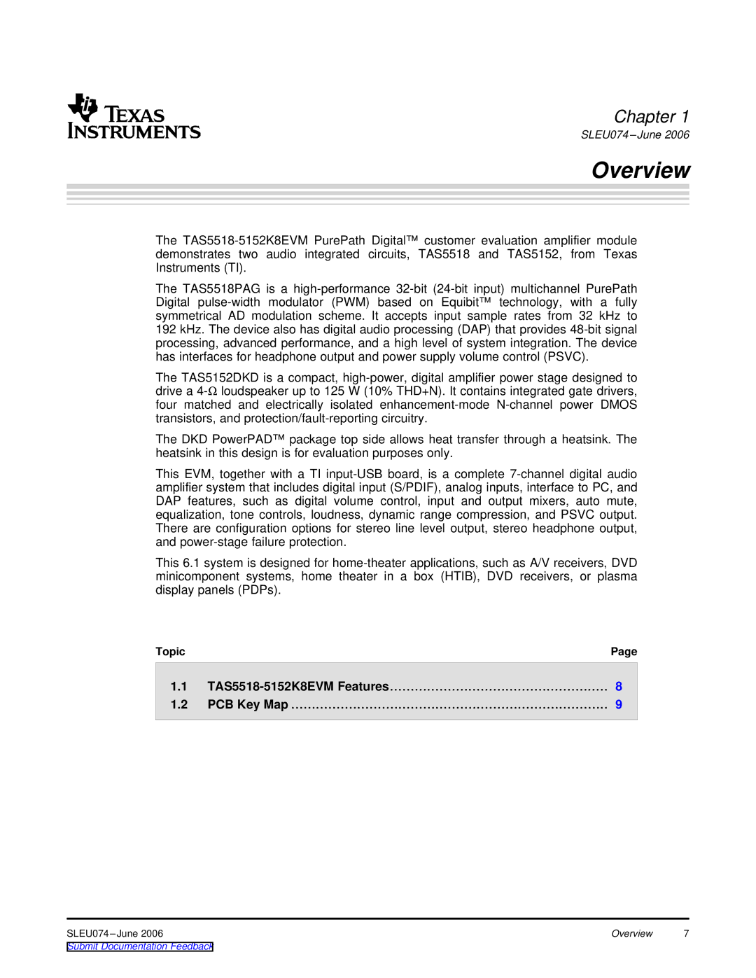 Texas Instruments manual Overview, TAS5518-5152K8EVM Features PCB Key Map 