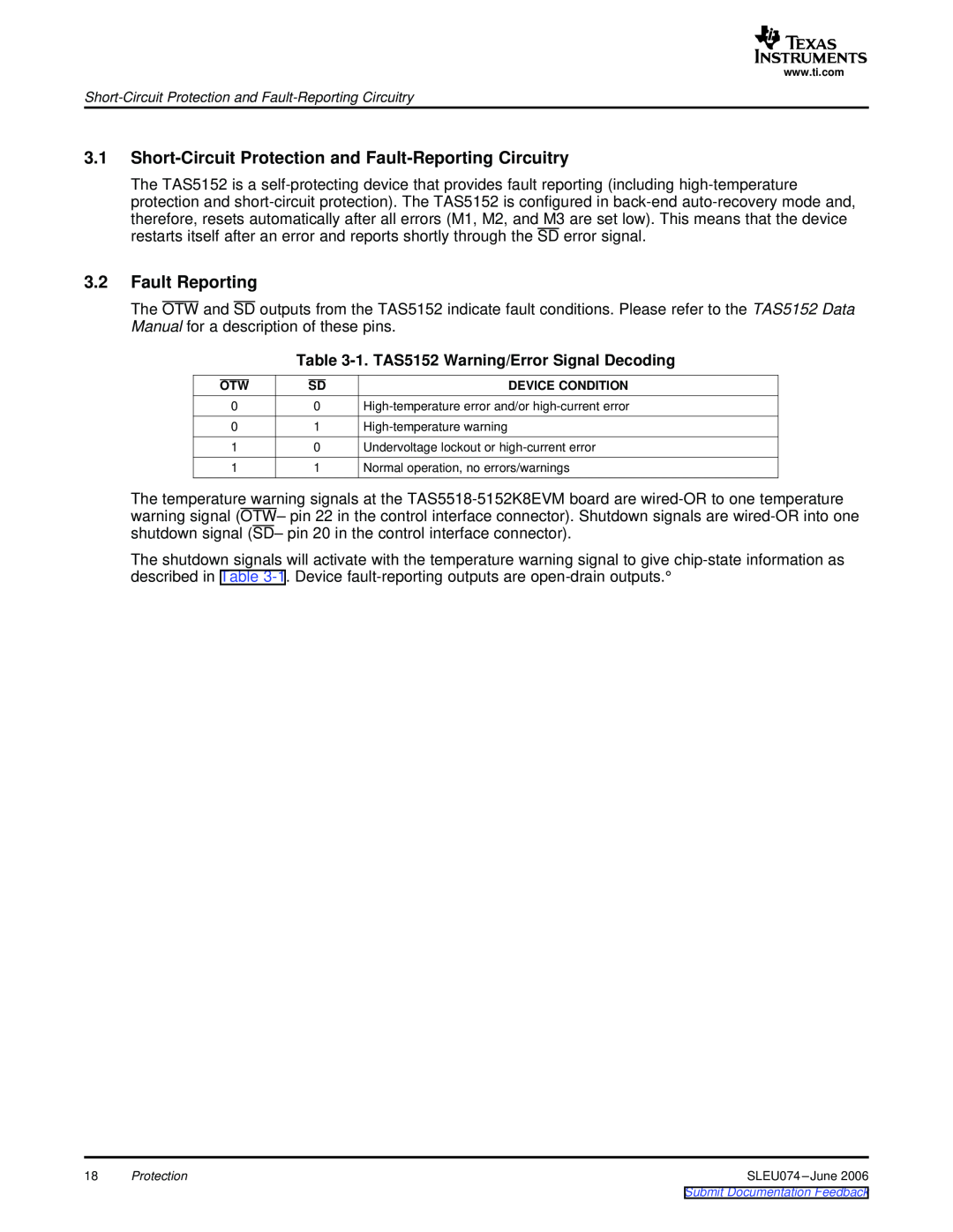 Texas Instruments TAS5518 manual 3.2Fault Reporting, 1.TAS5152 Warning/Error Signal Decoding 