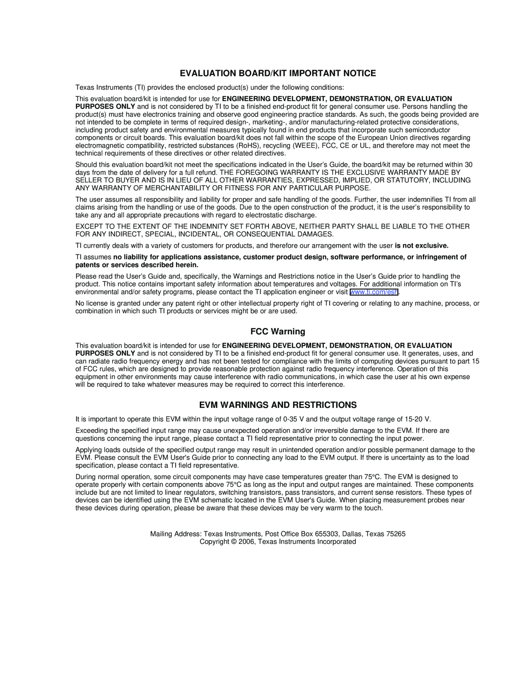 Texas Instruments TAS5518 manual Evaluation Board/Kit Important Notice, FCC Warning, Evm Warnings And Restrictions 