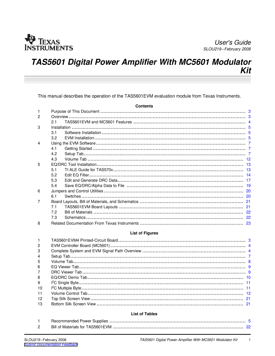 Texas Instruments manual TAS5601 Digital Power Amplifier With MC5601 Modulator Kit 