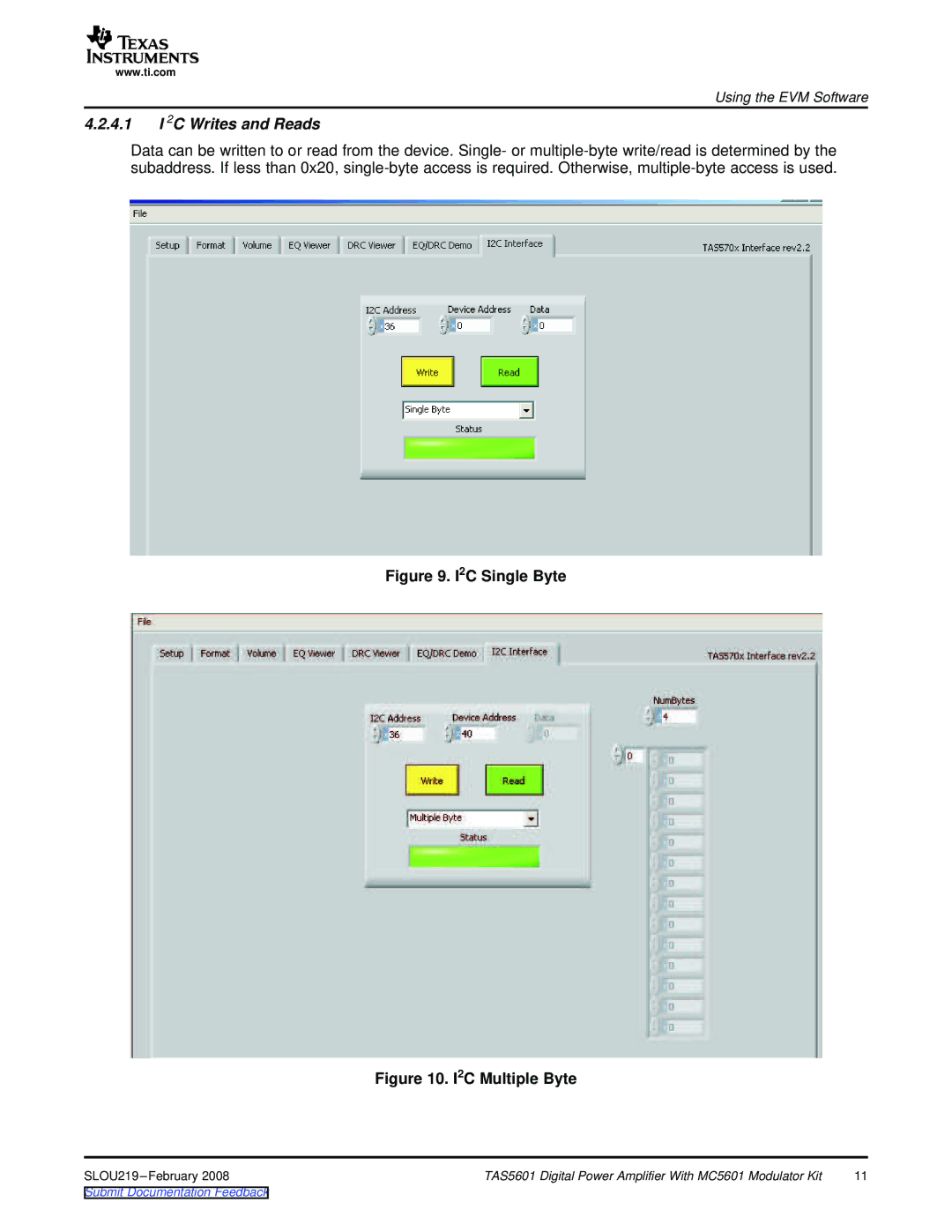 Texas Instruments TAS5601 manual 4.1 I 2C Writes and Reads 