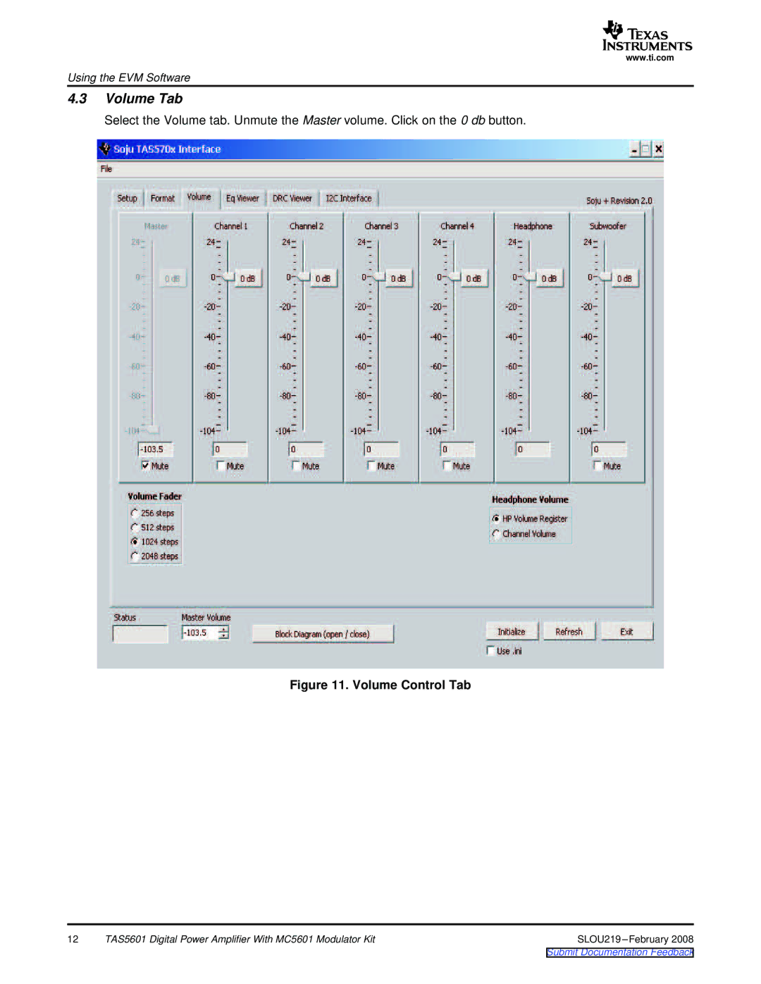 Texas Instruments TAS5601 manual Volume Tab, Volume Control Tab 