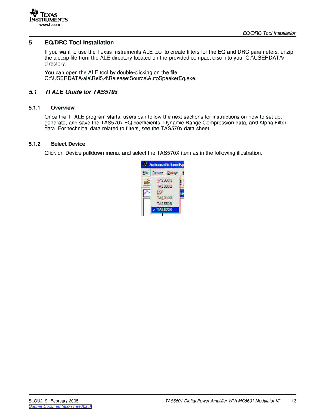 Texas Instruments TAS5601 manual TI ALE Guide for TAS570x, Overview, Select Device 