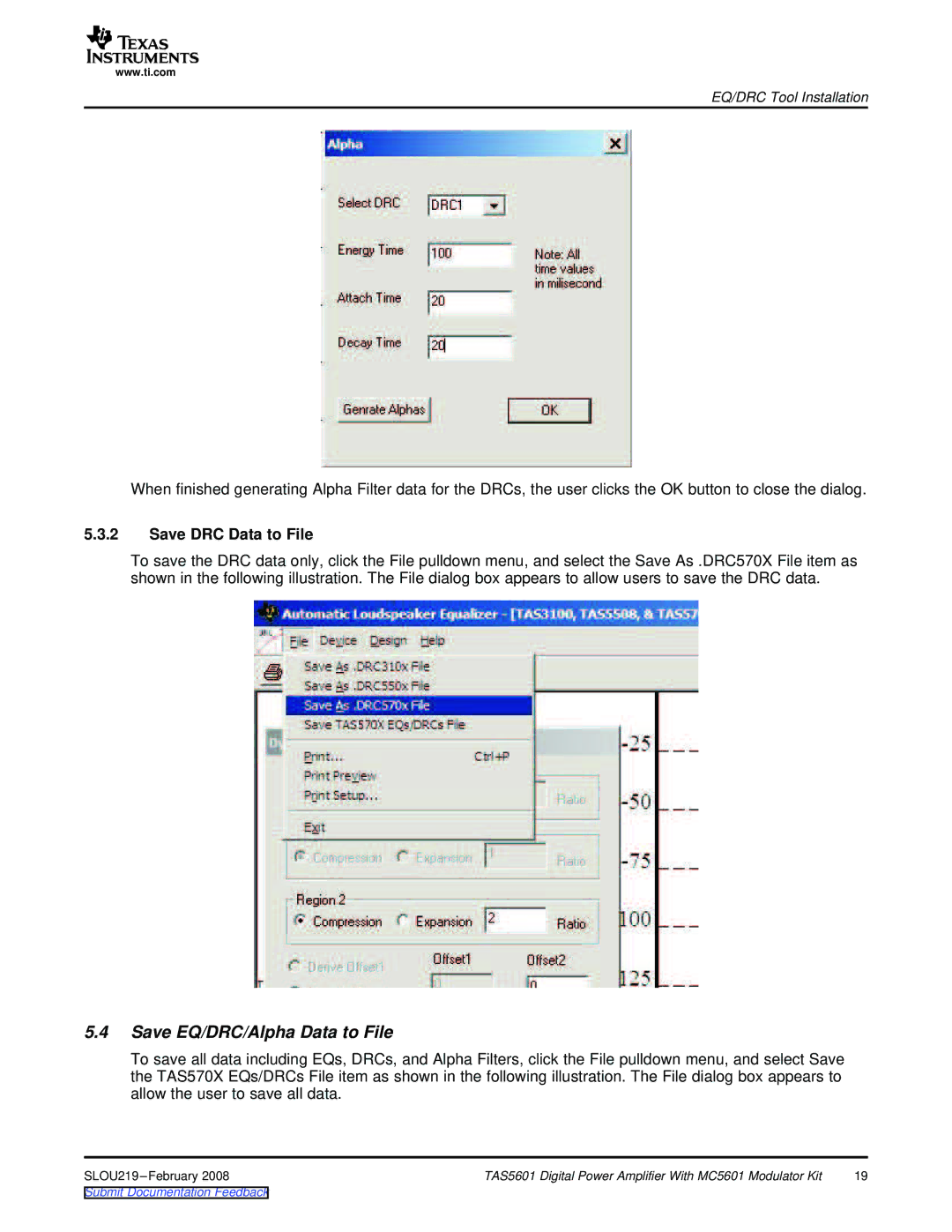 Texas Instruments TAS5601 manual Save EQ/DRC/Alpha Data to File, Save DRC Data to File 