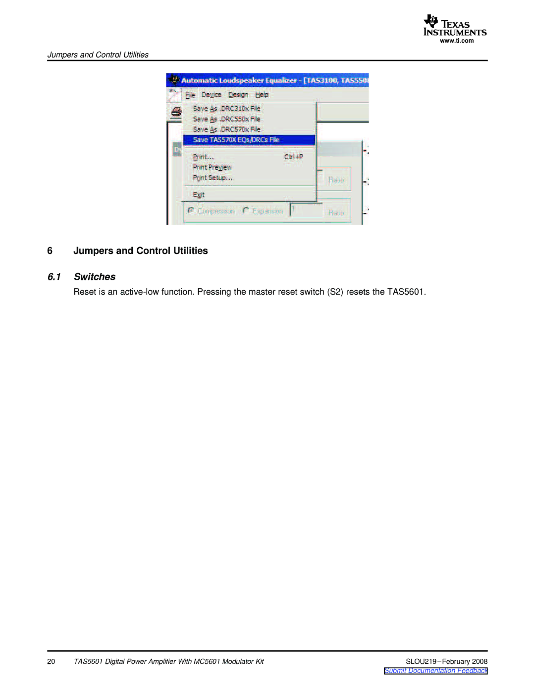 Texas Instruments TAS5601 manual Switches 