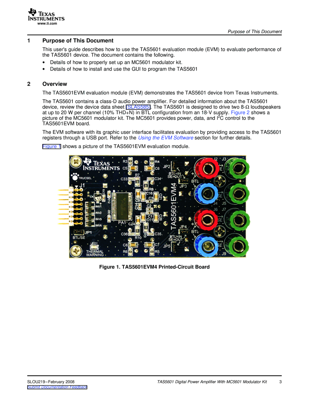 Texas Instruments TAS5601 manual Purpose of This Document 