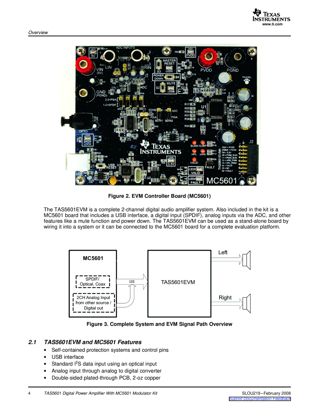 Texas Instruments manual TAS5601EVM and MC5601 Features, EVM Controller Board MC5601 