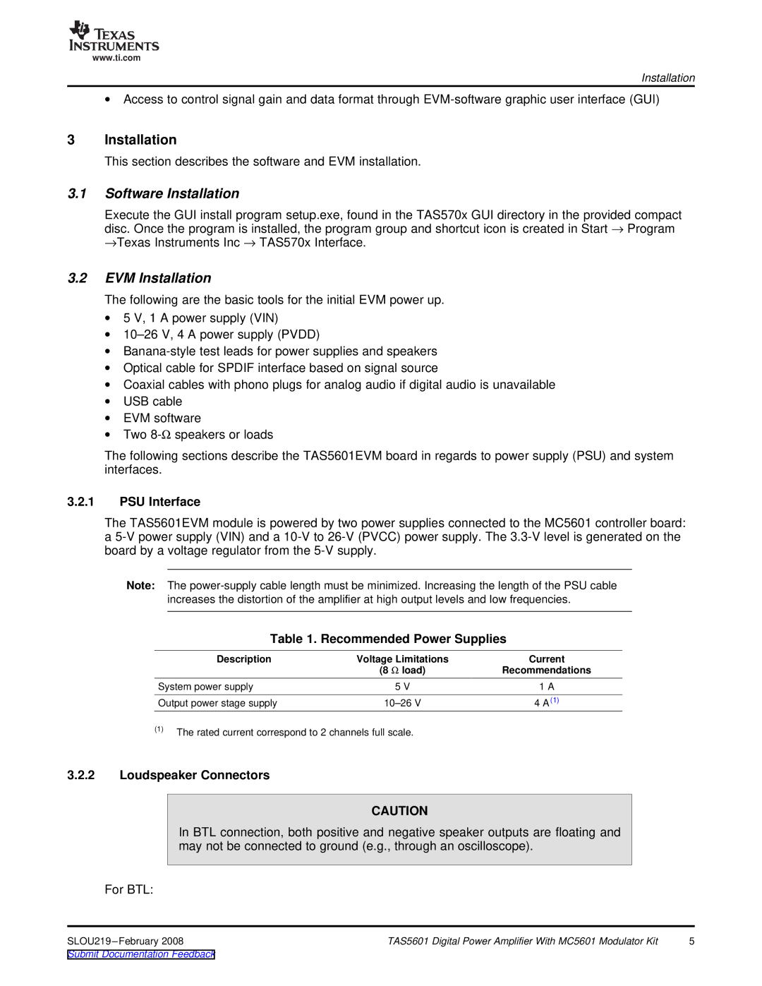 Texas Instruments TAS5601 manual Software Installation, EVM Installation, PSU Interface, Recommended Power Supplies 