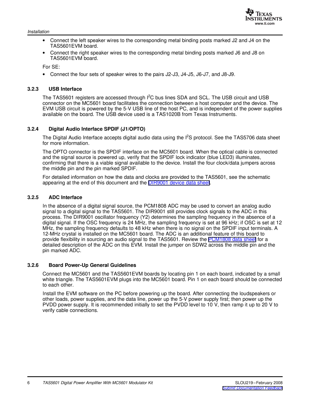 Texas Instruments TAS5601 manual USB Interface, Digital Audio Interface Spdif J1/OPTO, ADC Interface 