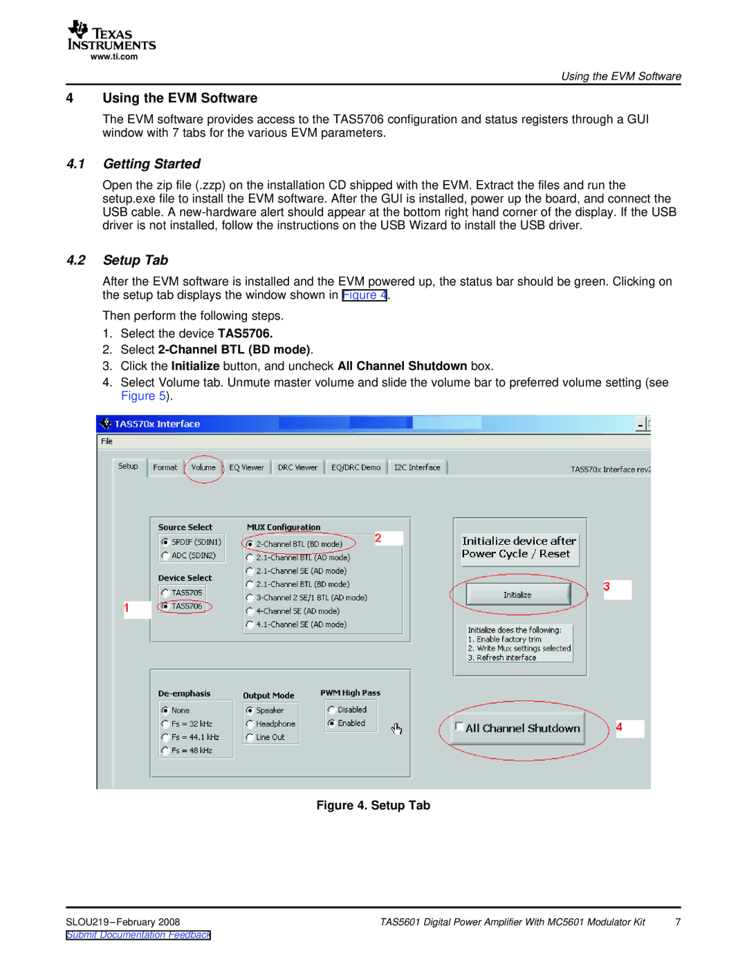 Texas Instruments TAS5601 manual Getting Started, Setup Tab, Select 2-Channel BTL BD mode 