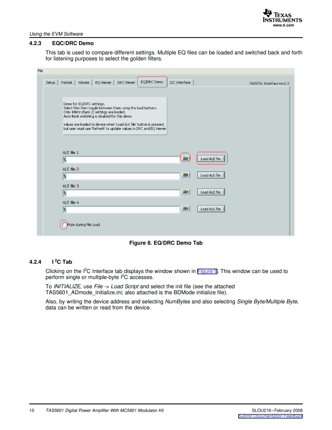 Texas Instruments TAS5601 manual 4.2.3EQC/DRC Demo, EQ/DRC Demo Tab 4.2.4I 2C Tab, SLOU219-February2008 