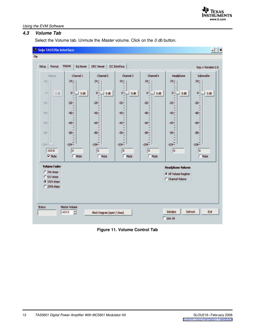 Texas Instruments TAS5601 manual 4.3Volume Tab, Volume Control Tab, Using the EVM Software, Submit Documentation Feedback 