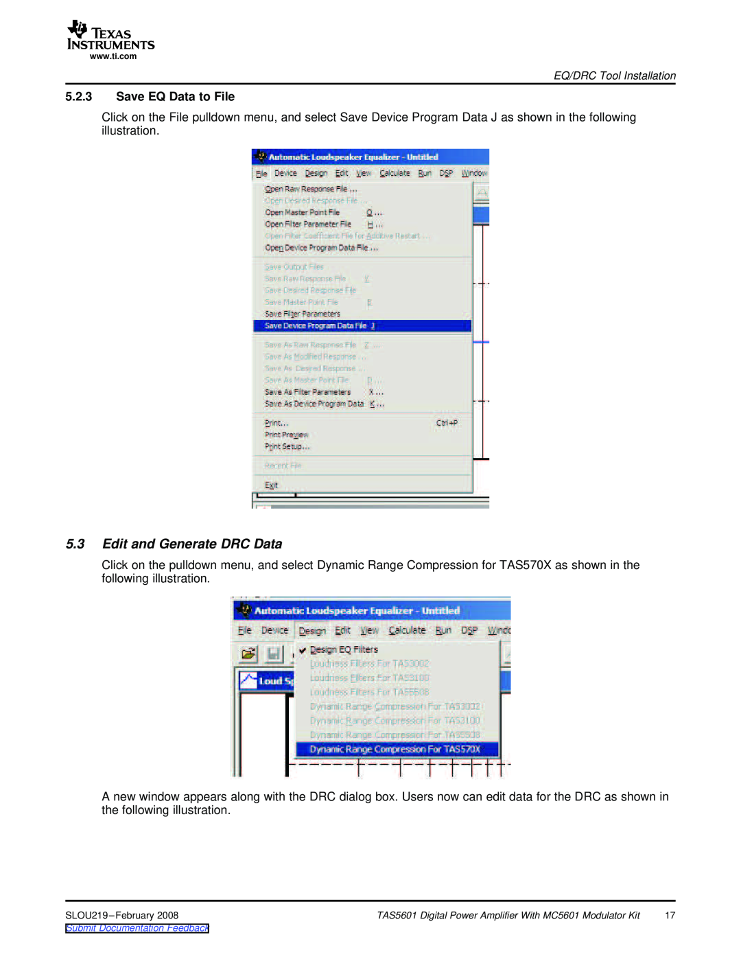 Texas Instruments TAS5601 manual 5.3Edit and Generate DRC Data, 5.2.3Save EQ Data to File 