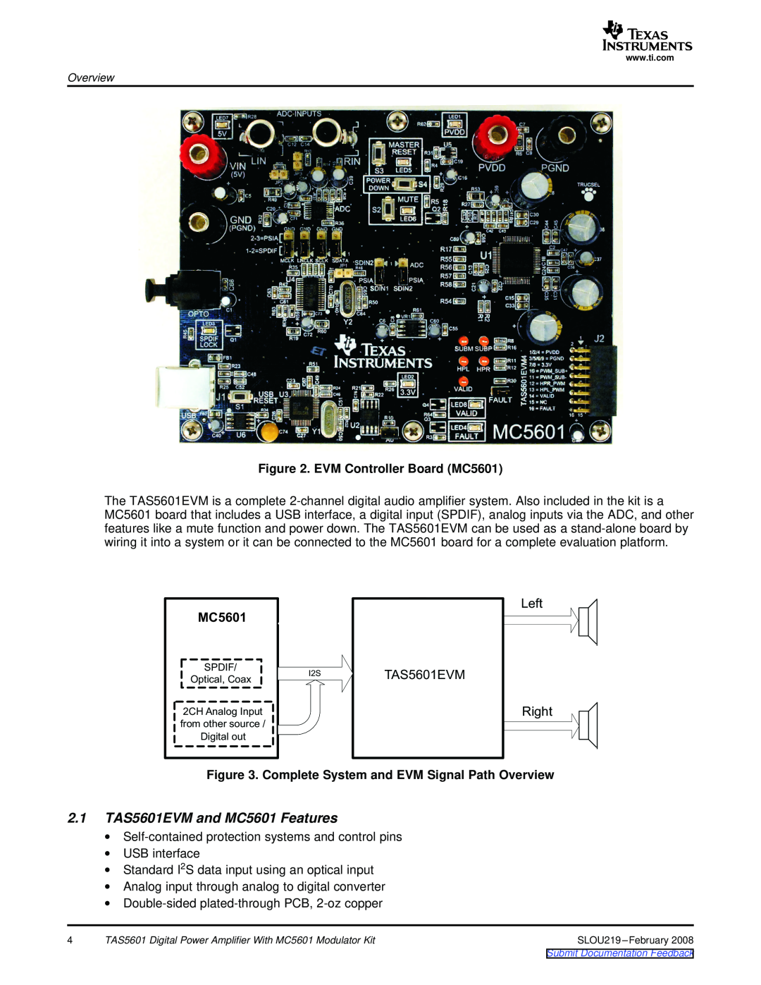 Texas Instruments manual 2.1TAS5601EVM and MC5601 Features, Left Right, EVM Controller Board MC5601 