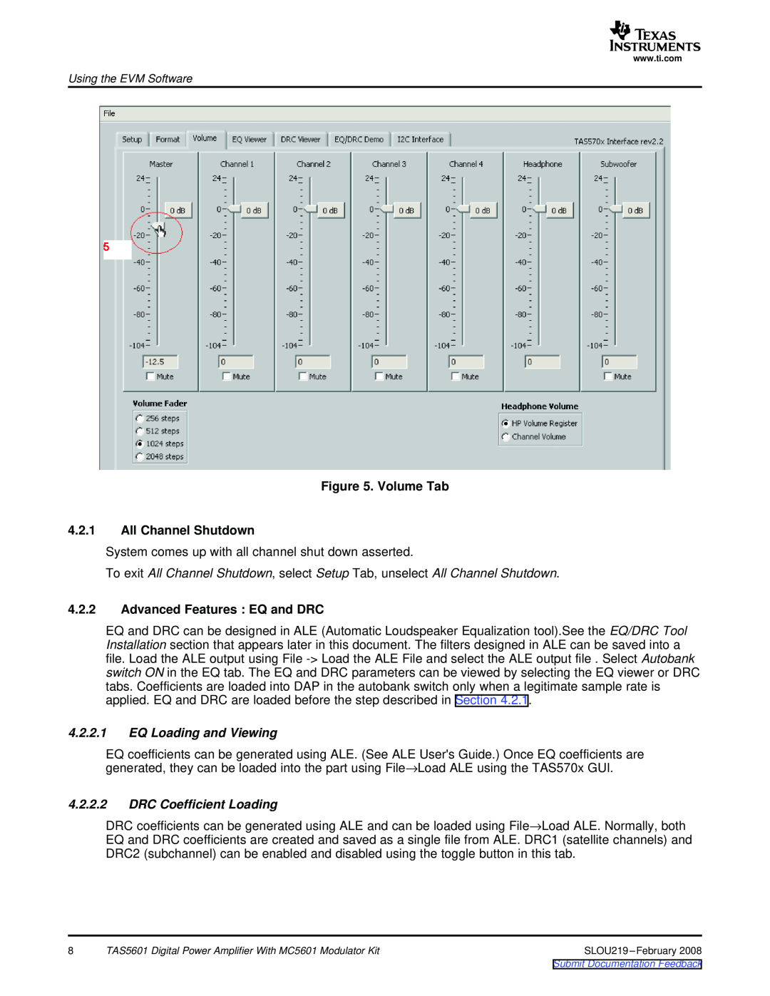 Texas Instruments TAS5601 manual Volume Tab 4.2.1All Channel Shutdown, 4.2.2Advanced Features EQ and DRC 