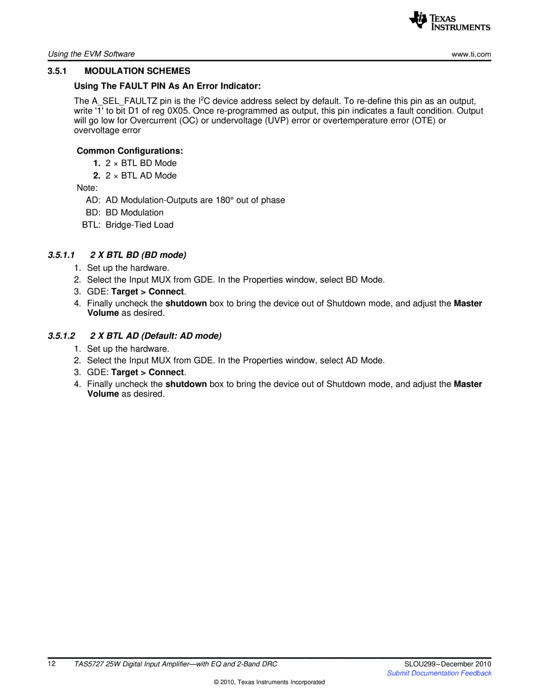 Texas Instruments TAS5727 quick start Using The Fault PIN As An Error Indicator, Common Configurations, GDE Target Connect 