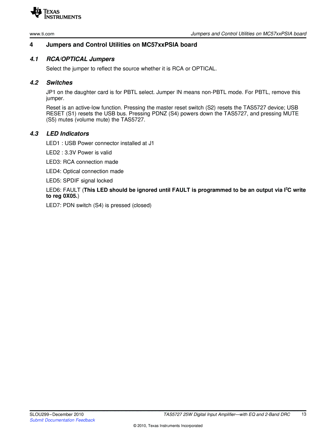 Texas Instruments TAS5727 quick start RCA/OPTICAL Jumpers, Switches, LED Indicators 