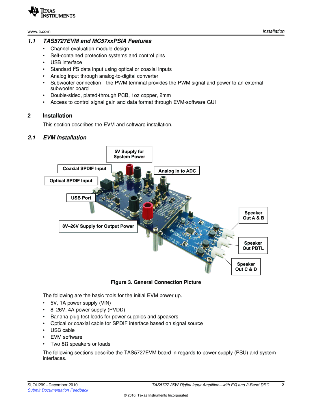 Texas Instruments quick start TAS5727EVM and MC57xxPSIA Features, EVM Installation 