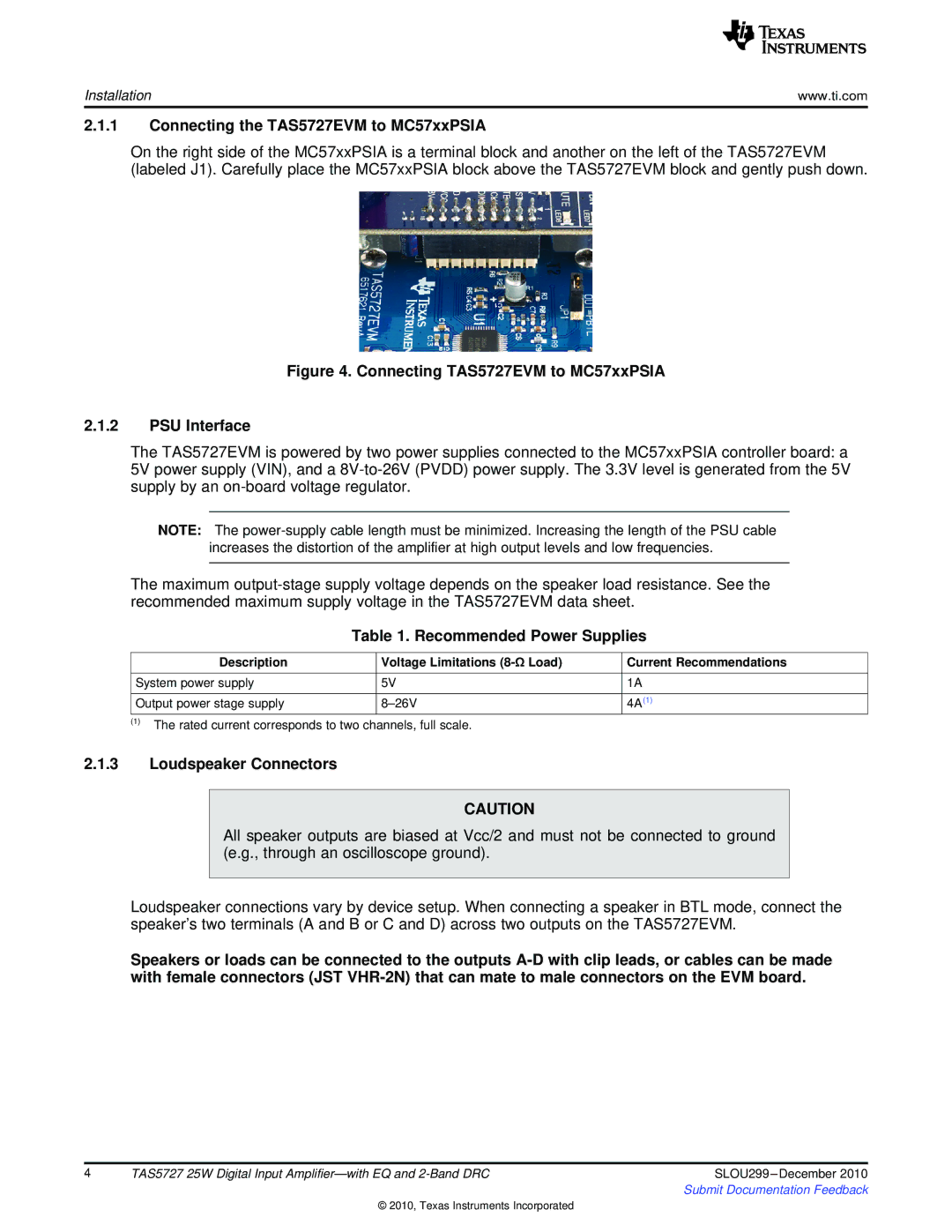 Texas Instruments Connecting the TAS5727EVM to MC57xxPSIA, Recommended Power Supplies, Loudspeaker Connectors 