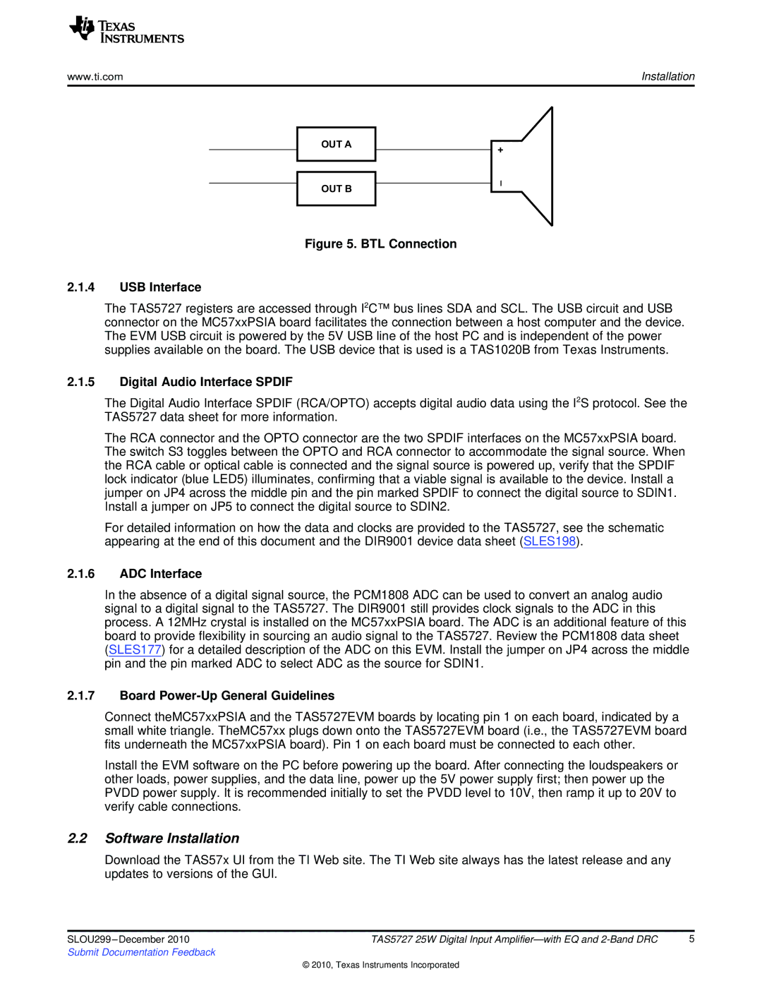 Texas Instruments TAS5727 quick start Software Installation, Digital Audio Interface Spdif, ADC Interface 