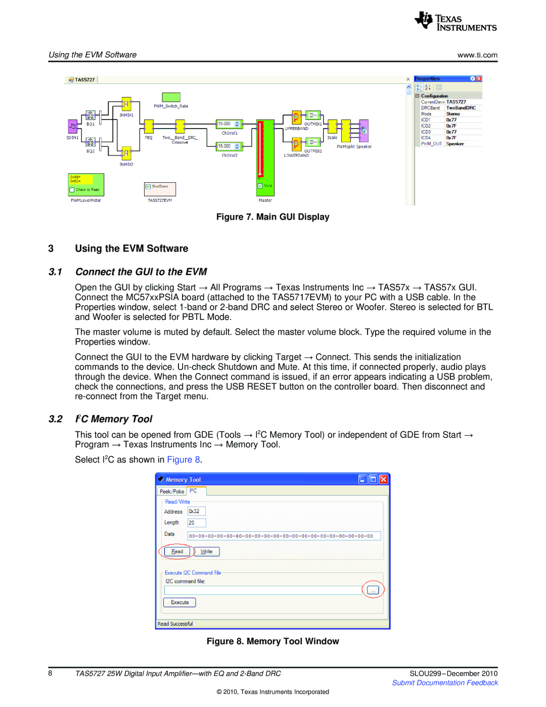 Texas Instruments TAS5727 quick start Connect the GUI to the EVM, I2C Memory Tool 