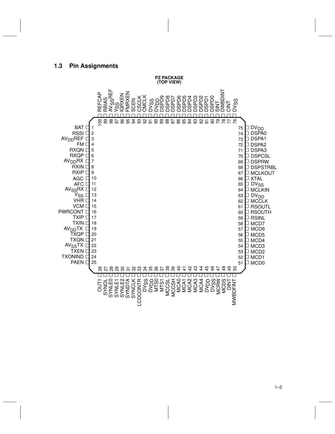 Texas Instruments TCM4300 manual Pin Assignments, PZ Package TOP View, Vss, Fmrxen, Dwbdint 