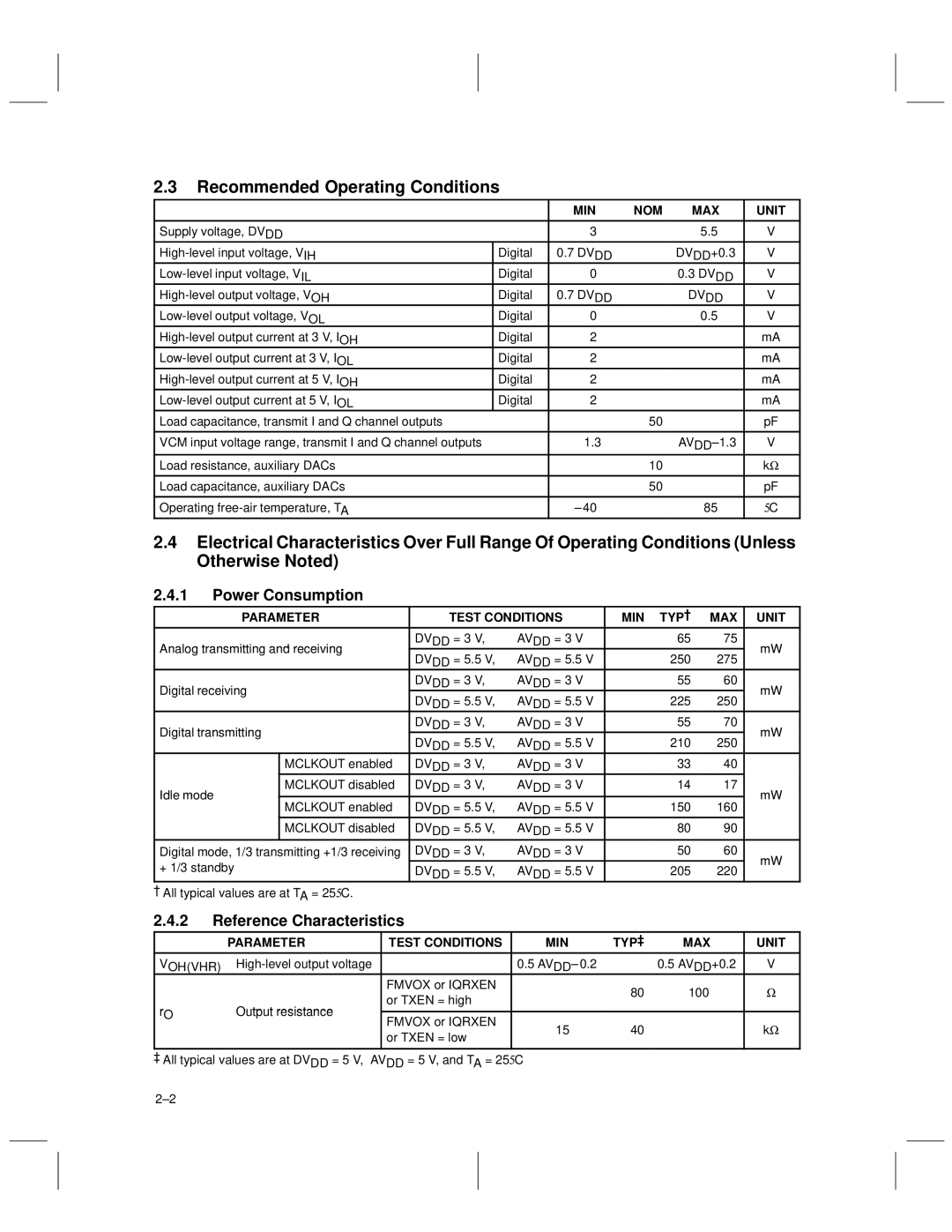 Texas Instruments TCM4300 manual Recommended Operating Conditions, Power Consumption, Reference Characteristics 