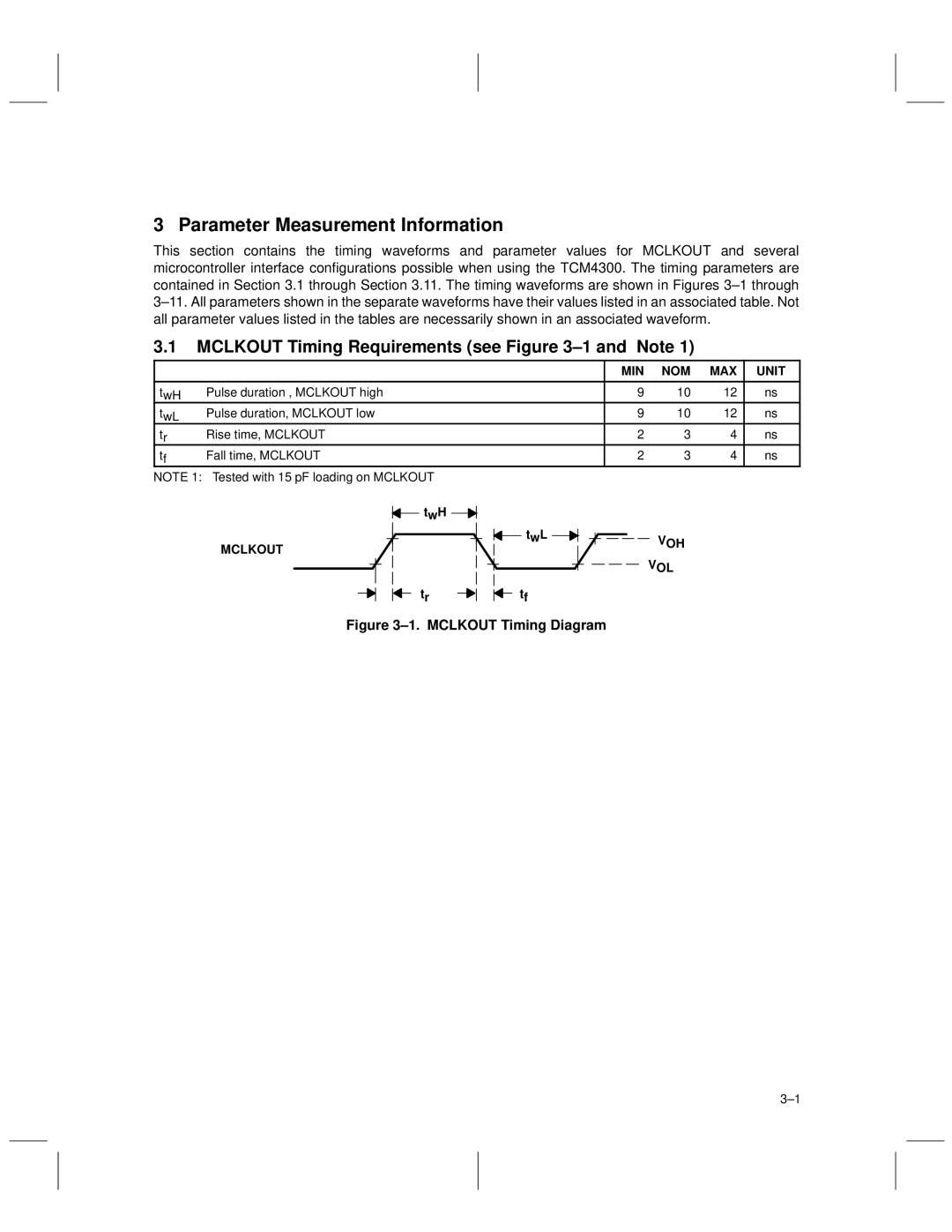 Texas Instruments TCM4300 manual Mclkout Timing Requirements see ±1 and Note, Voh Vol 