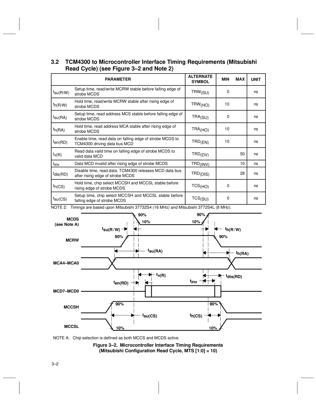 Texas Instruments TCM4300 manual Parameter Alternate MIN MAX Unit, Mcds, Mcrw, MCA4±MCA0 MCD7±MCD0 Mccsh Mccsl 