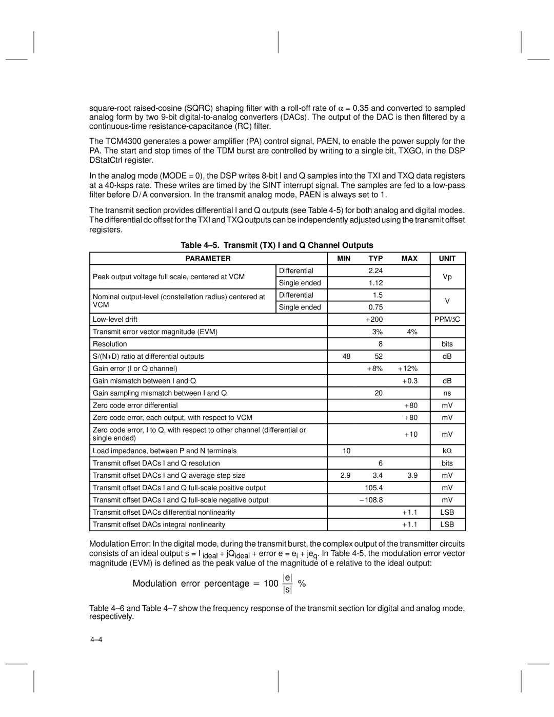 Texas Instruments TCM4300 manual Modulation error percentage +100 s %, ±5. Transmit TX I and Q Channel Outputs 