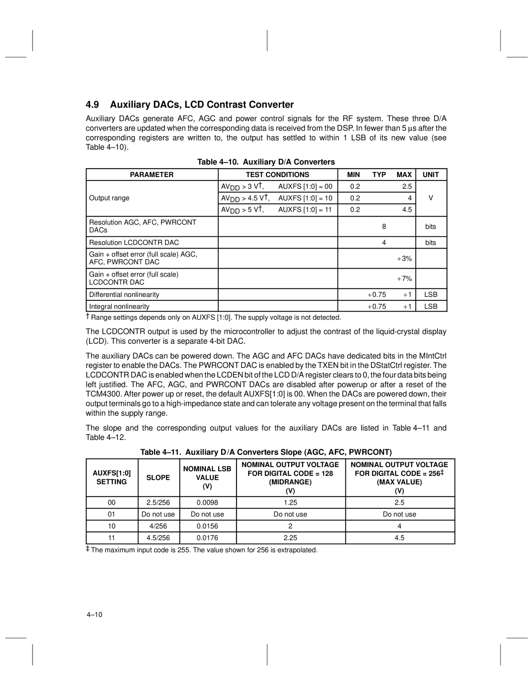 Texas Instruments TCM4300 manual Auxiliary DACs, LCD Contrast Converter, ±10. Auxiliary D/A Converters 