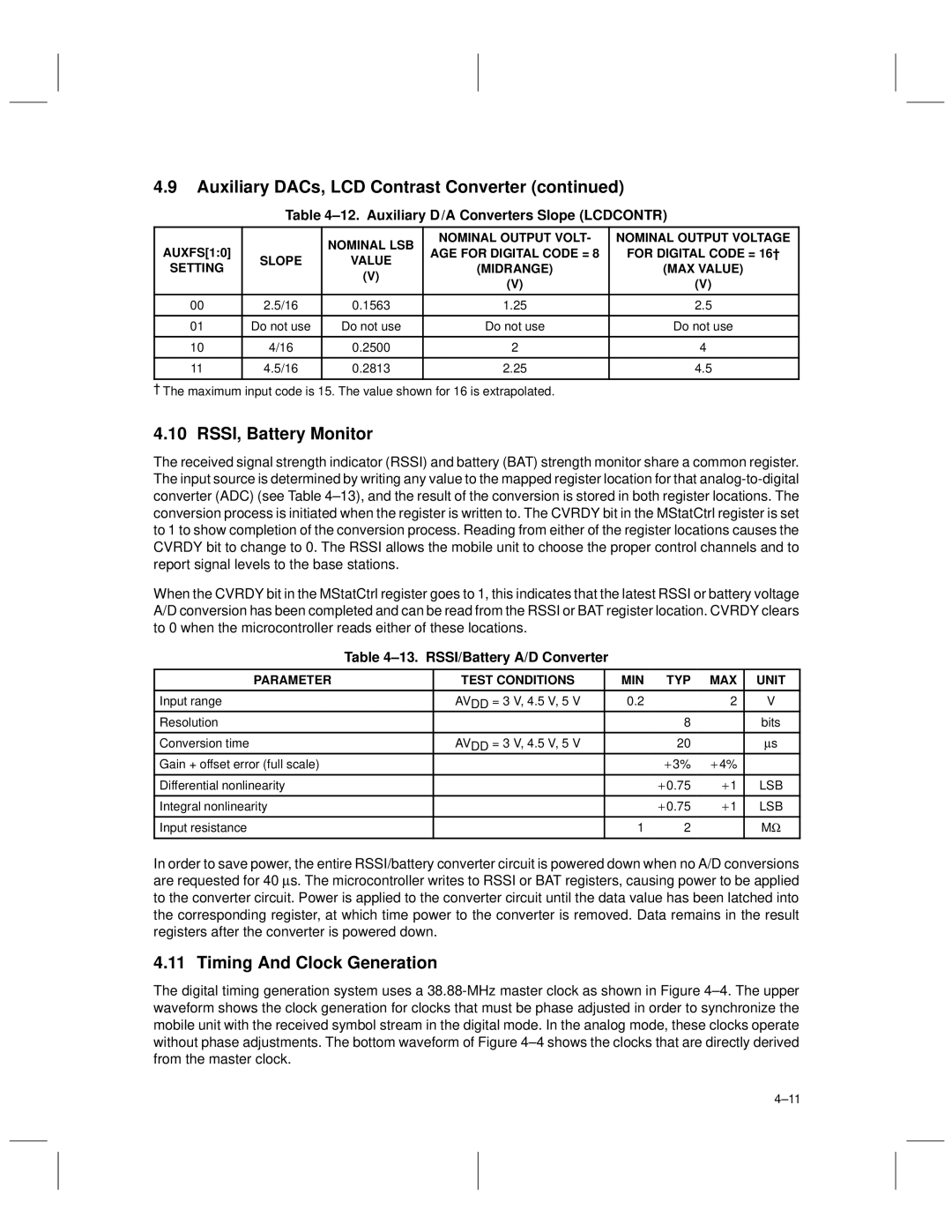 Texas Instruments TCM4300 manual RSSI, Battery Monitor, Timing And Clock Generation, ±13. RSSI/Battery A/D Converter 