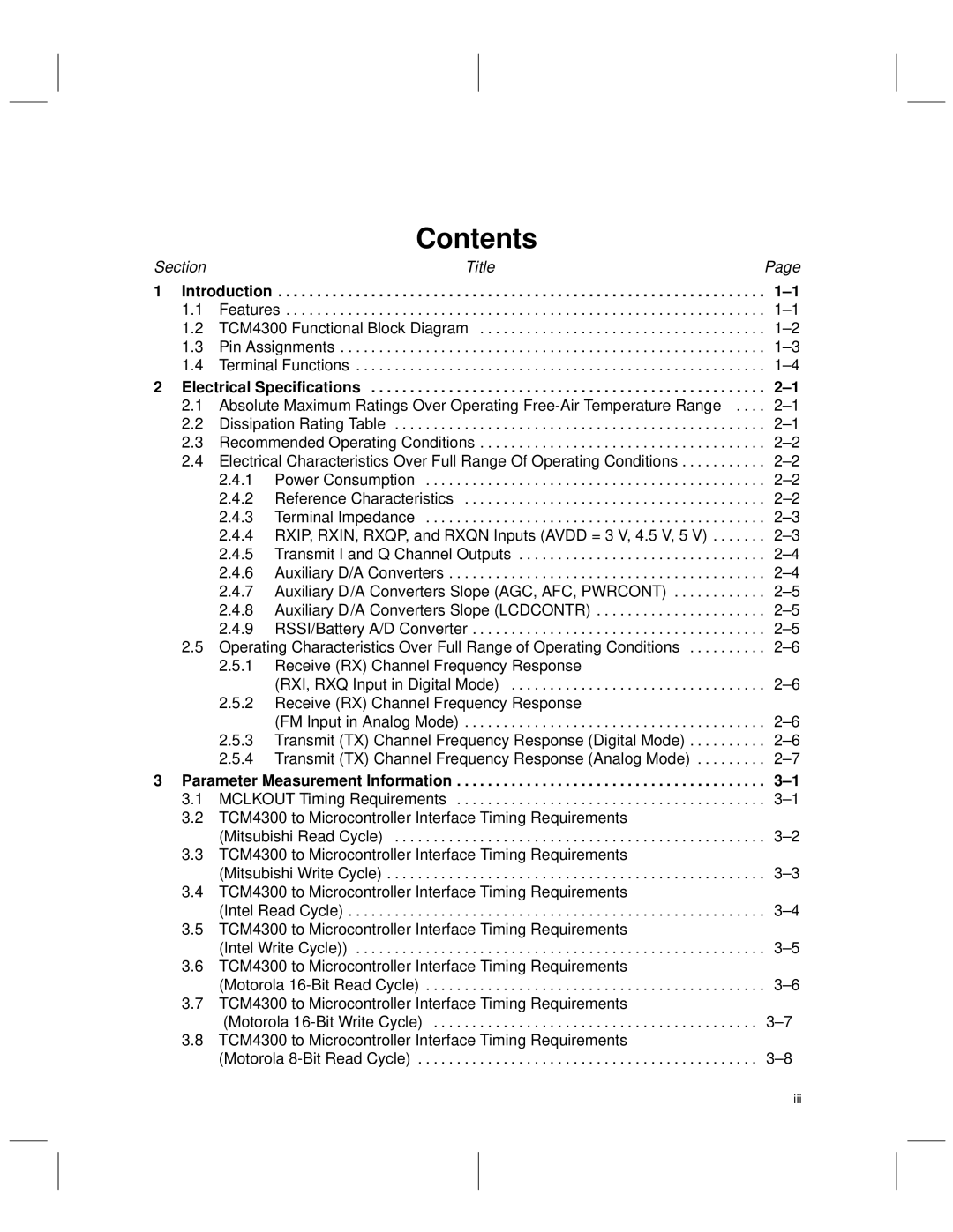 Texas Instruments TCM4300 manual Contents 