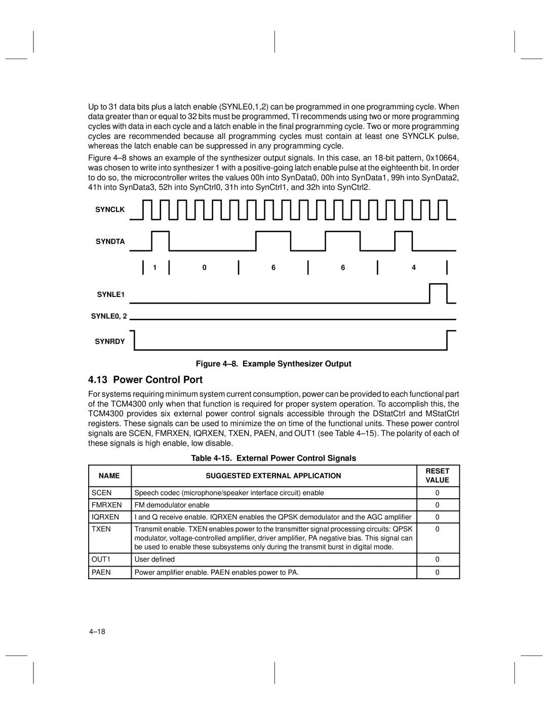 Texas Instruments TCM4300 manual Power Control Port, External Power Control Signals, Synclk Syndta SYNLE1 SYNLE0 Synrdy 
