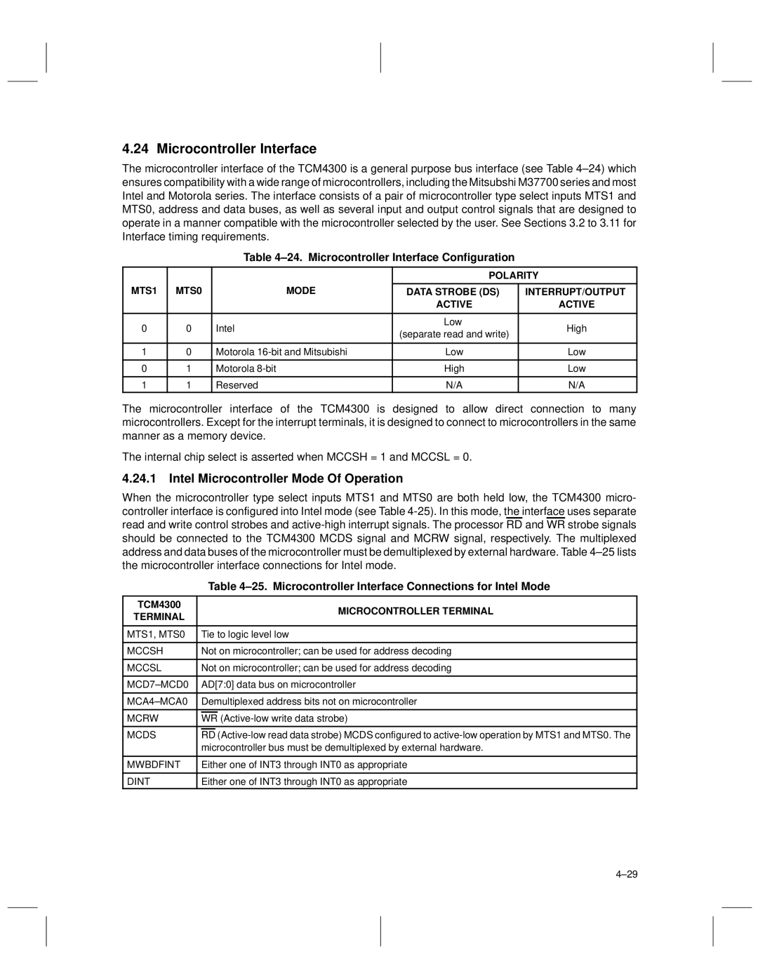 Texas Instruments TCM4300 manual Microcontroller Interface, Intel Microcontroller Mode Of Operation 